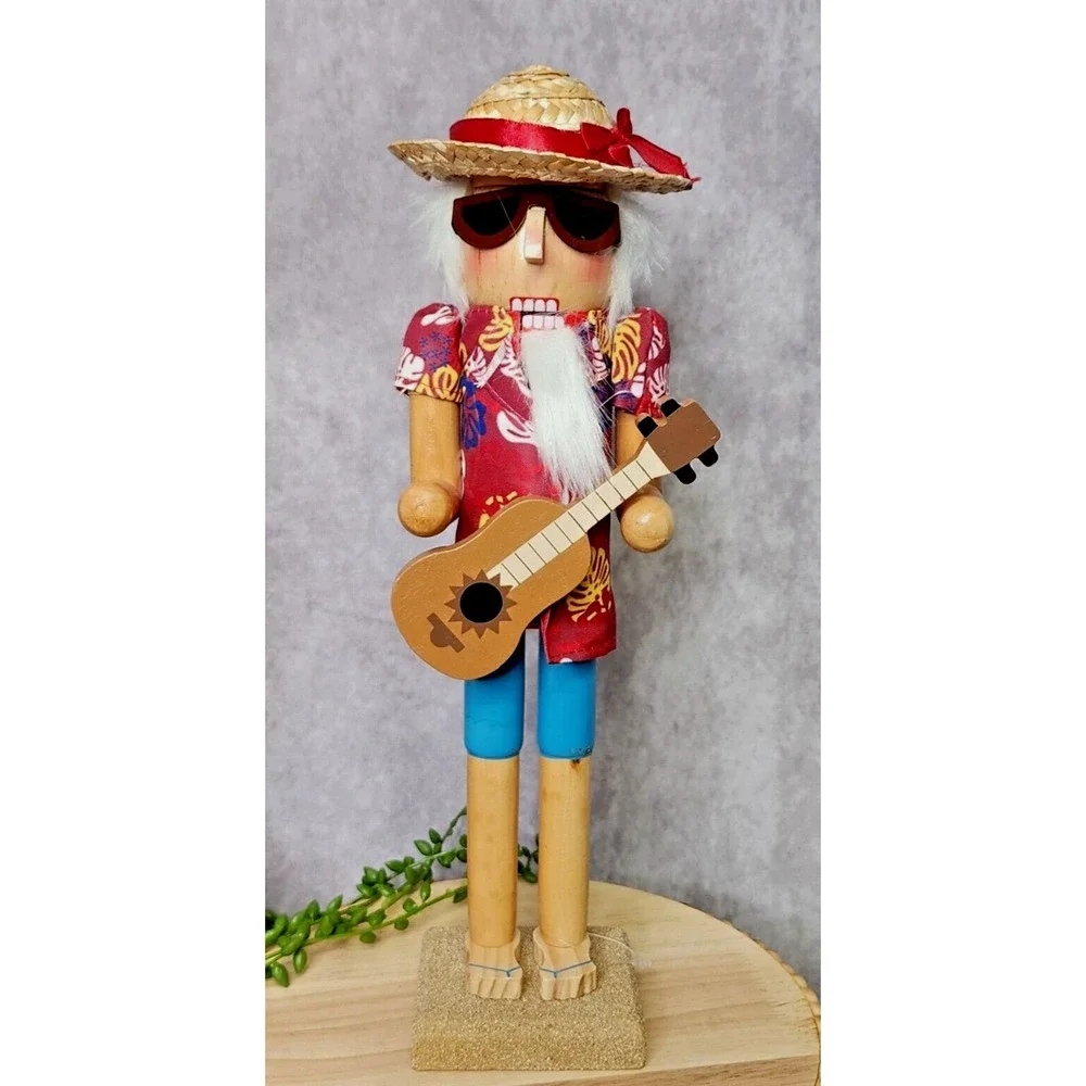 Beach Bum Nutcracker Hawaiian Tropical Shirt Santa Christmas Guitar Straw Hat‎